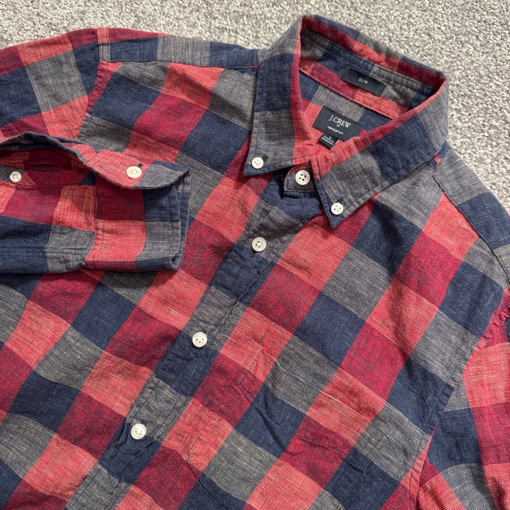 J Crew Shirt Mens S Red Blue Plaid Cotton Slim Fit Homespun Minimalist Casual